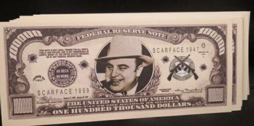 WHOLESALE LOT OF 100 AL CAPONE SCARFACE GANGSTER 100K DOLLAR BILL MONEY Alcatraz - Afbeelding 1 van 4