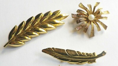 Lot De 3 Broches Vintage : Plumes, Feuille, Fleur Avec Perles - Couleur Or