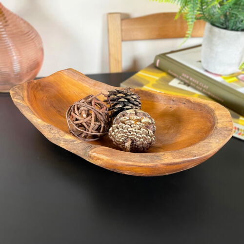 Teak Root Long Bowl 35cm Antique Rustic Kitchen Hand Carved Wood Fruit Food Deco - Picture 1 of 8