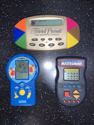 Trivial Pursuit Parker Brothers Sorry Milton Bradley Mastermind 3 Handheld Game