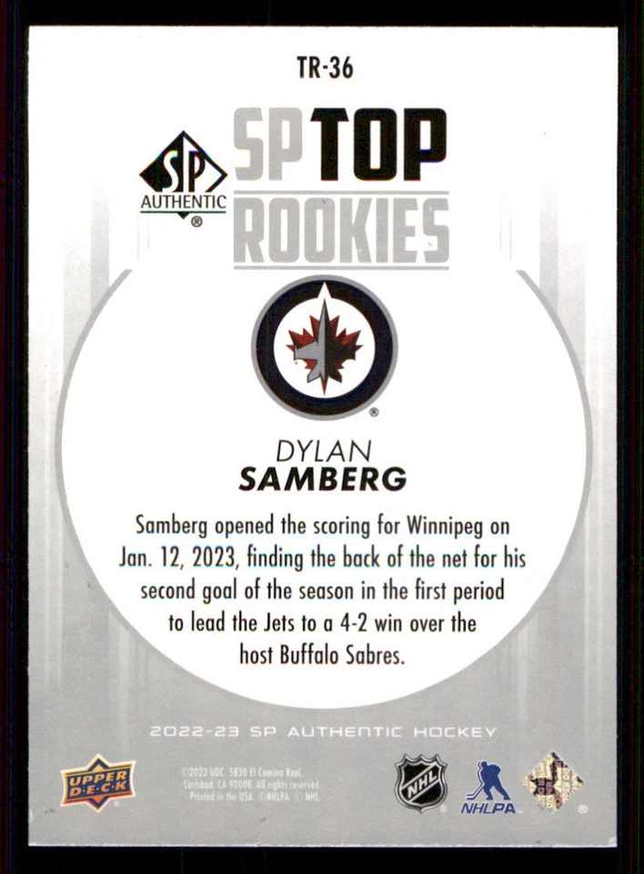 2022-23 SP Authentic Top Rookies #TR36 Dylan Samberg - Image 2 of 2