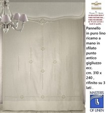 Tenda puro lino ricamo a mano sfilato punto antico e ricami cm. 310 x 240 beige