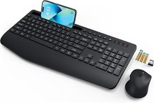 Wireless Keyboard and Mouse, Wrist Rest, Phone Holder,Batteries Included Black