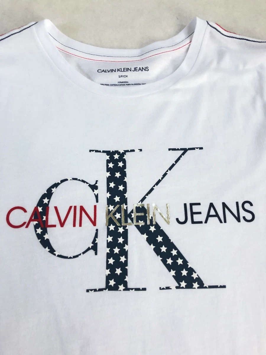 NWT Women s Calvin Klein CK White Logo T shirt Patriotic USA America S M L XL