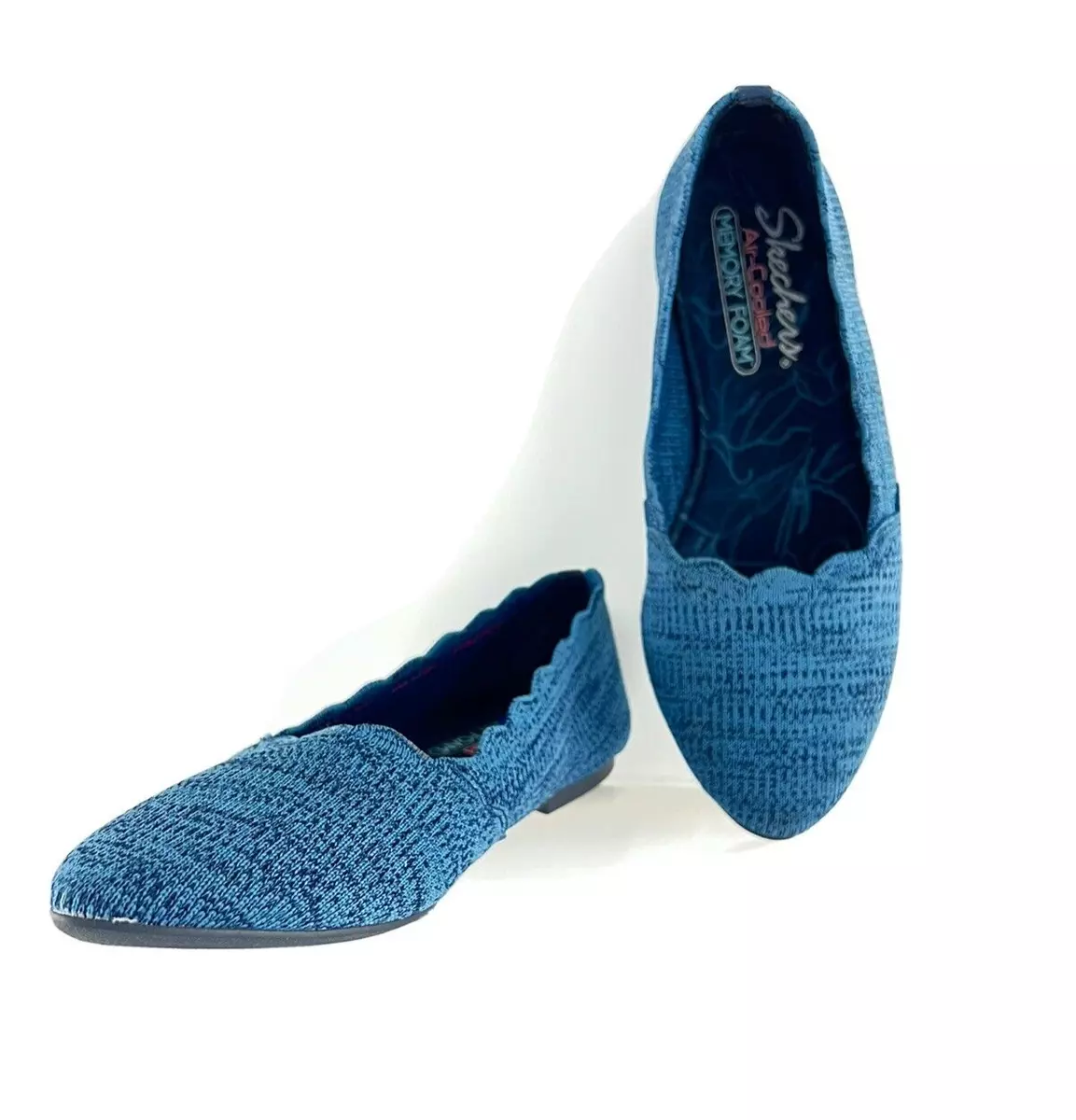 Skechers Slip On Memory Foam Flats Blue Fabric Scalloped Stretch
