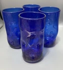 4 Glasses Blenko Cobalt Blue Glass Tumbler Dimpled Pinched Glass 6” 16oz