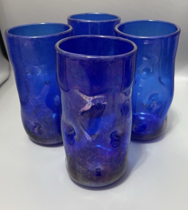 4 Glasses Blenko Cobalt Blue Glass Tumbler Dimpled Pinched Glass 6” 16oz