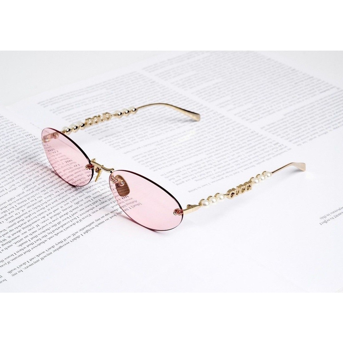 GUCCI GG1922S 004 Gold Pearls Pink Lens Sunglasses Oval Rimless