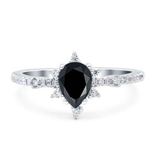 Pear Teardrop Natural Black Onyx Cluster Engagement Ring 925 Sterling Silver
