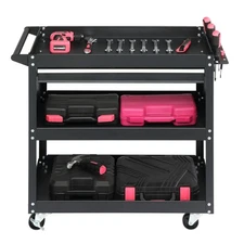 Heavy Duty 3 Tier Rolling Tool Cart with Drawers & Pegboard & Hooks for Garage