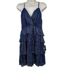 NEW Lulus Glowing Gorgeous Blue Multi Metallic Tiered Mini Dress M Glam Sparkle