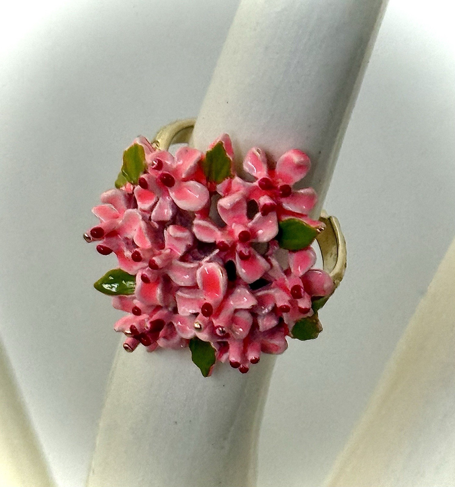 Vintage Retro Pink Enamel Hydrangea Flower Cluster Ring Adjustable