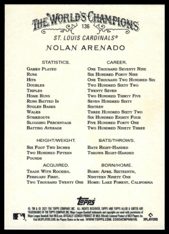 2021 Topps Allen & Ginter X #136 Nolan Arenado - Image 2 of 2