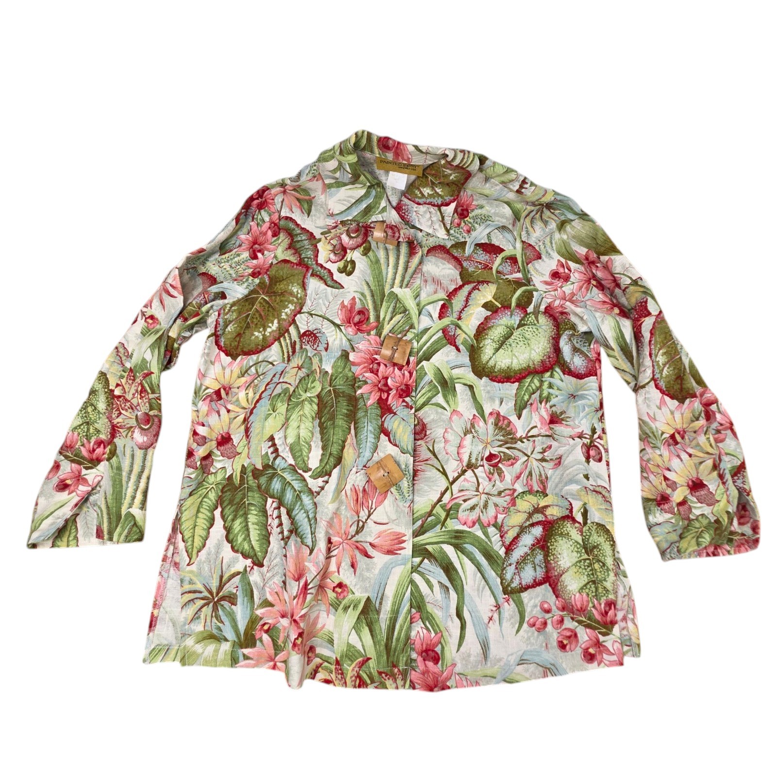 PONY DIPINTO giacca lino stampa floreale tropicale bottoni bambù taglia grande lino