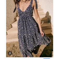 Sezane Graziella Maxi Dress Navy Ecru Floral Embroidered Cotton Tie Strap 2 NEW