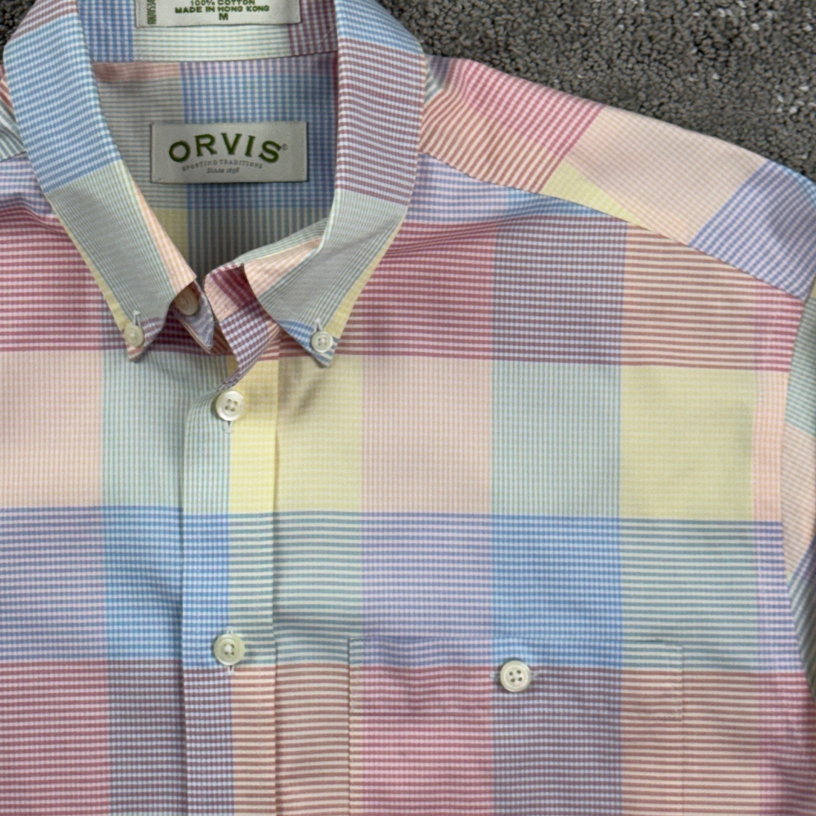 Orvis, Vintage 90s Orvis Mens M Pastel Plaid Cotton Shirt Made Hong Kong Preppy