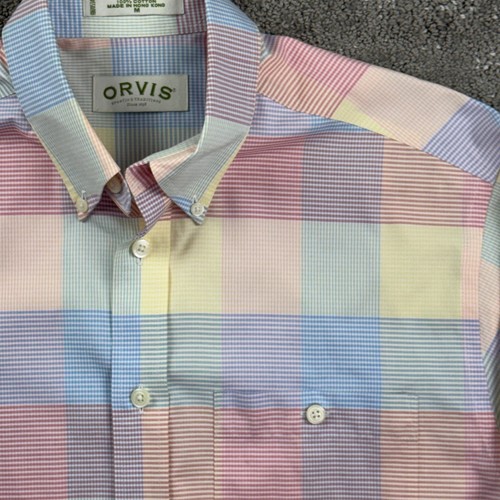 Orvis, Vintage 90s Orvis Mens M Pastel Plaid Cotton Shirt Made Hong Kong Preppy