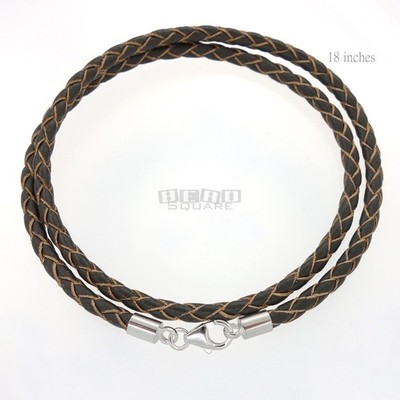 18'' Sterling Silver 4mm Round Braided Dark Taupe Genuine Leather Cord Necklace