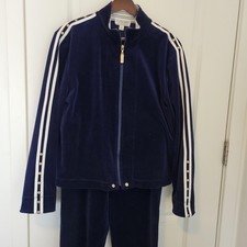 ST. JOHN Sport Marie Navy 2pc Track Suit Blue Velour Full Zip Jacket Pants M