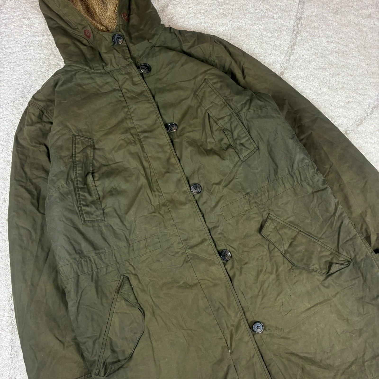 VTG Gant Olive Green Wax Sherpa Lined Size Large Parka Long Wax Cotton Jacket image 2