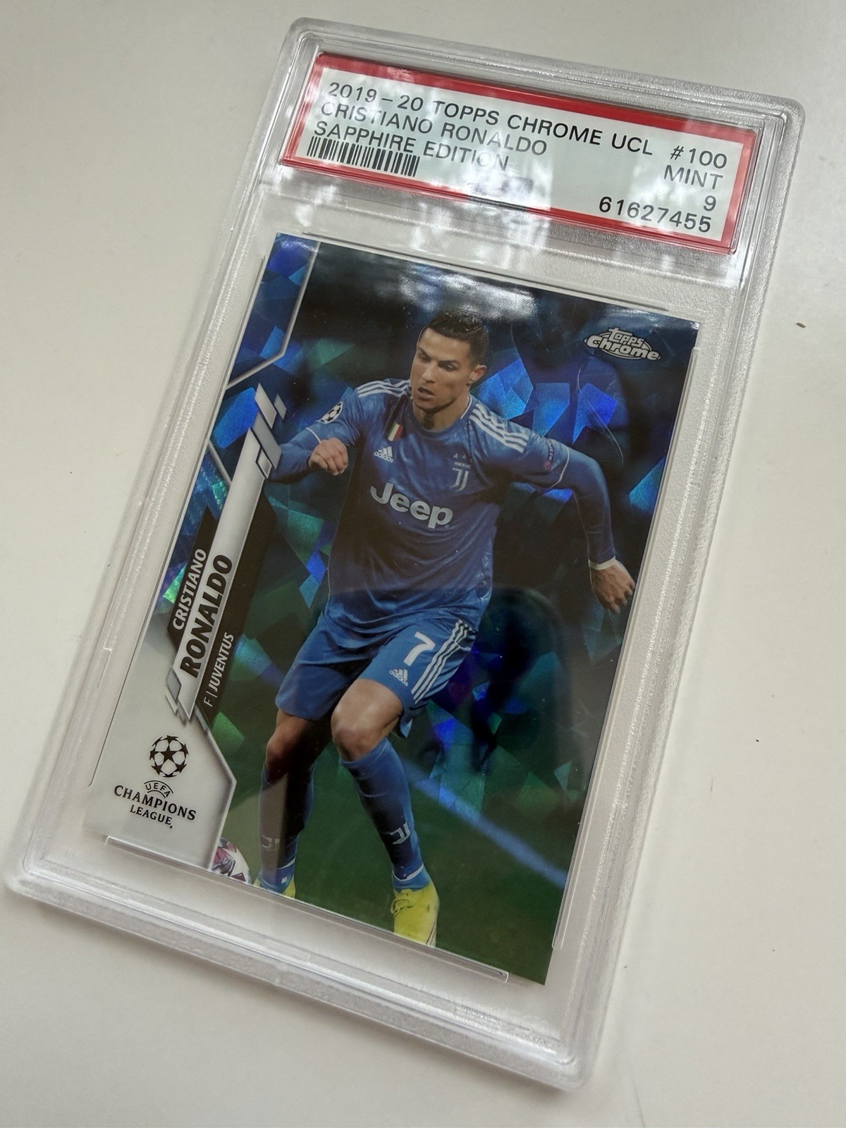 CRISTIANO RONALDO 2019 TOPPS CHROME UCL #100 SAPPHIRE EDITION PSA 9 view 3