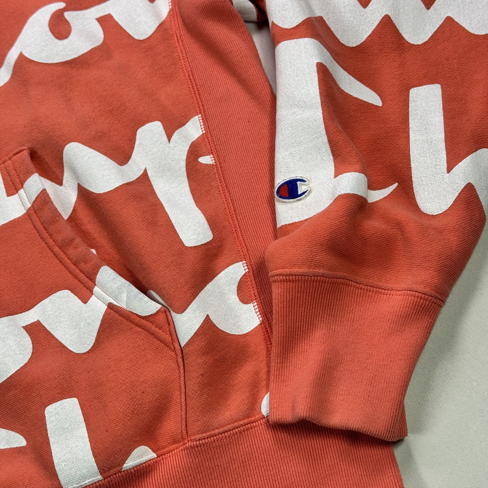 Champion Reverse Weave Allover Script Hoodie Cora… - image 5