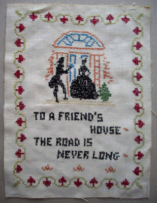 Vintage embroidered sampler Friends house road not long