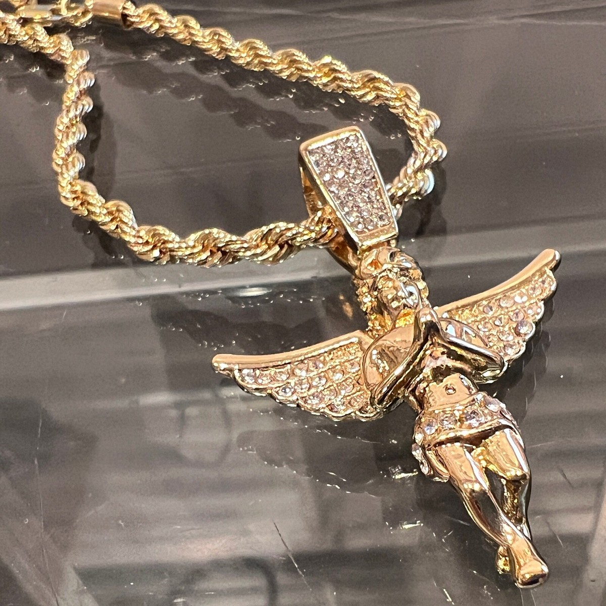 14k Gold Plated Praying Angel Pendant Iced CZ Wings Rope Chain 