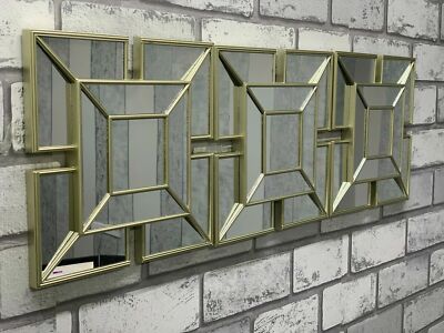 GOLD ART DECO QUADRATISCH GEWÖLBT WANDBILD WANDSPIEGEL FLIESENOPTIK GOLD SILBER drei Stück