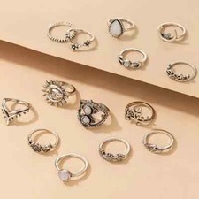 14 PC Silver-Tone Stackable Finger Knuckle Joint Midi Bohemian Ring Set New 9649