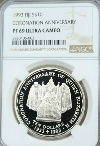 1993 FIJI SILVER 10 DOLLARS CORONATION ANNIVERSARY NGC PF 69 ULTRA CAMEO SCARCE