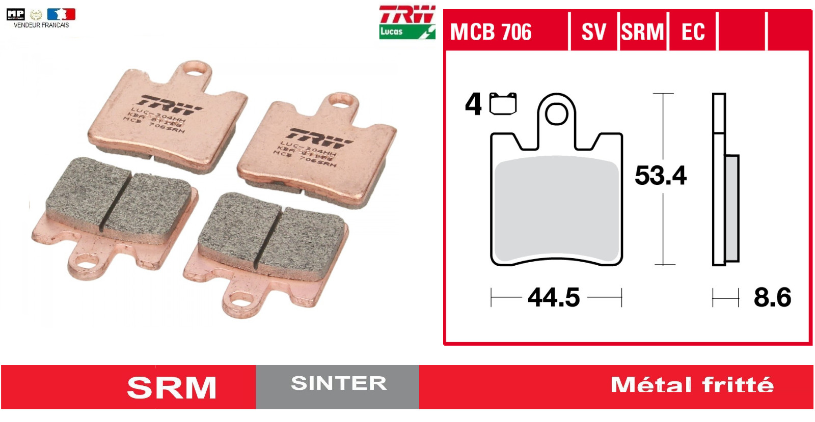 Plaquettes frein avant MCB706 SRM Sinter Daelim OTELLO 125 EFI ABS 2018 2019 2020
