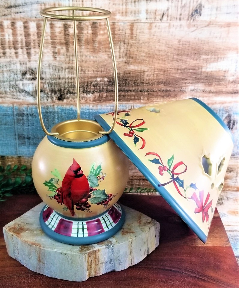 VTG Lenox Christmas Red Cardinal Robin Tealight Candle Lamp Farm House
