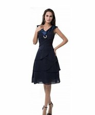HERAFA PROM DRESS ELEGANT V-NECK SLEEVELESS FLOUNCING KNEE LENGTH,NAVY,12