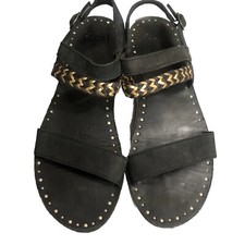 Ugg Black Leather Elin Sandals Buckle Flats Braided Gold Accents Women Sz 9M US