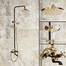 Gold Black Brass Bathroom Rainfall Shower Faucet Set w Tub Rain Taps Kit 2rs908