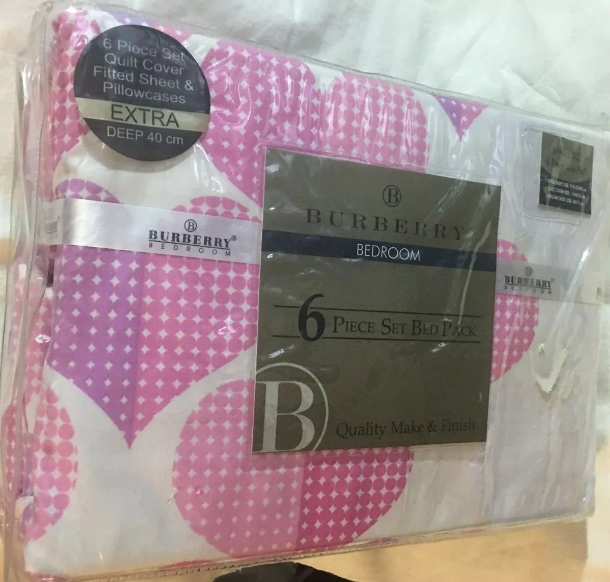Burberry Boutique White Pink Polyester Cotton 6 Piece Bed Set