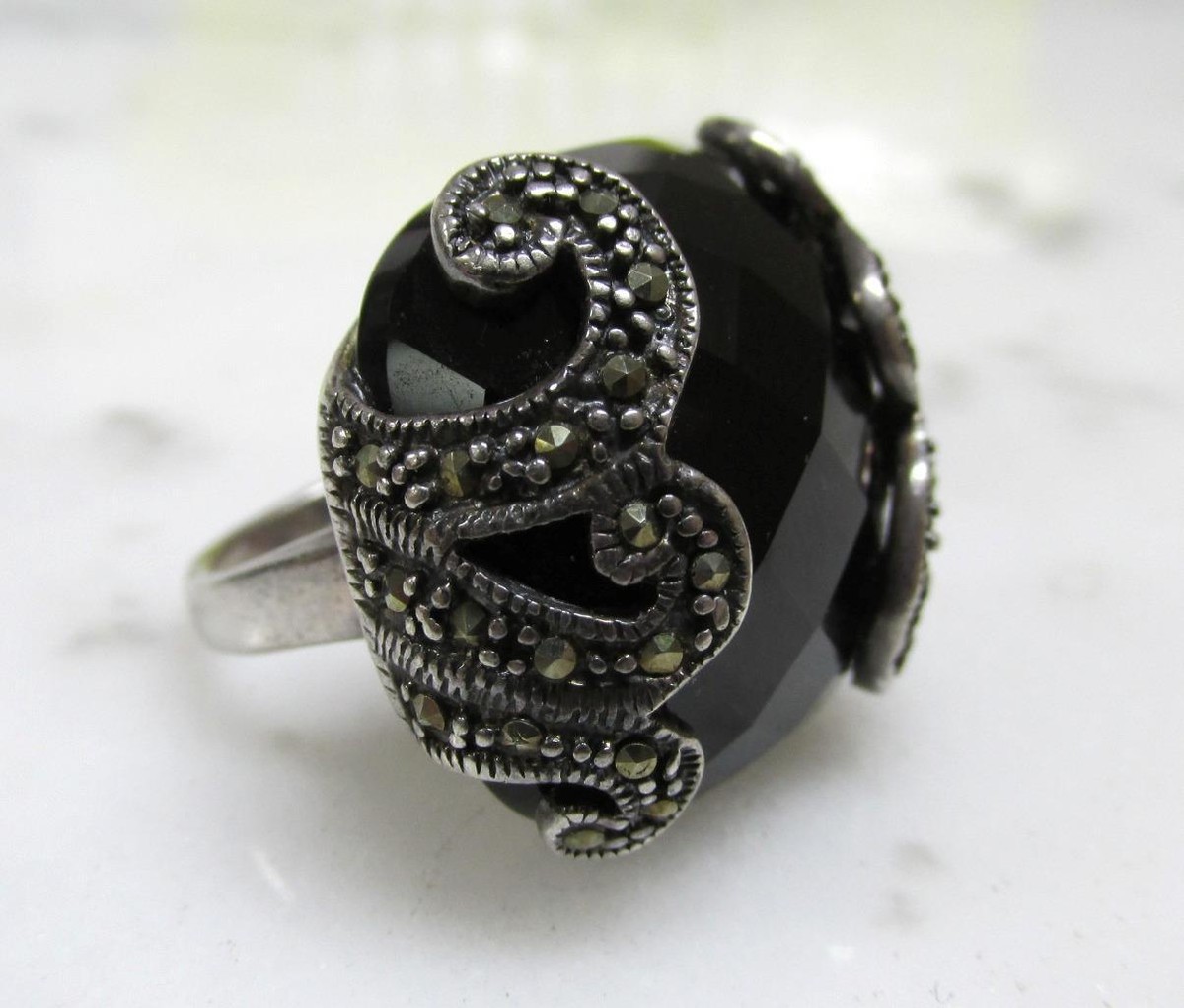 Large Sterling Silver Black Onyx & Marcasite Cocktail Ring 