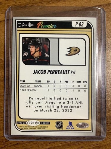 2022-23 Upper Deck O-Pee-Chee- PREMIER ROOKIE JACOB PERREAULT RAINBOW FOIL # /99 - Picture 2 of 2