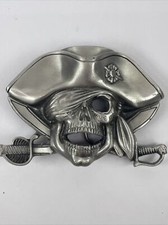 Vintage Fine Pewter Belt Buckle Ghost Skeleton Pirate 4"x3" 4486 Dated 1997