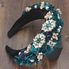 LUXURY HANDMADE TEAL FLOWER PADDED HEADBAND WITH PEARLS, RHINESTONES  BEADS
