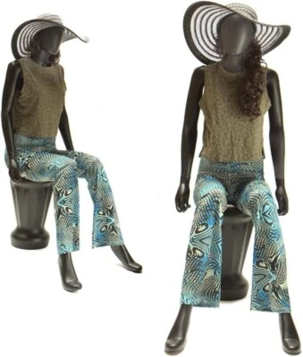 AMT-MANNEQUINS Black female painted mannequin, sitting seated full body + pedestal shown-BKY8
