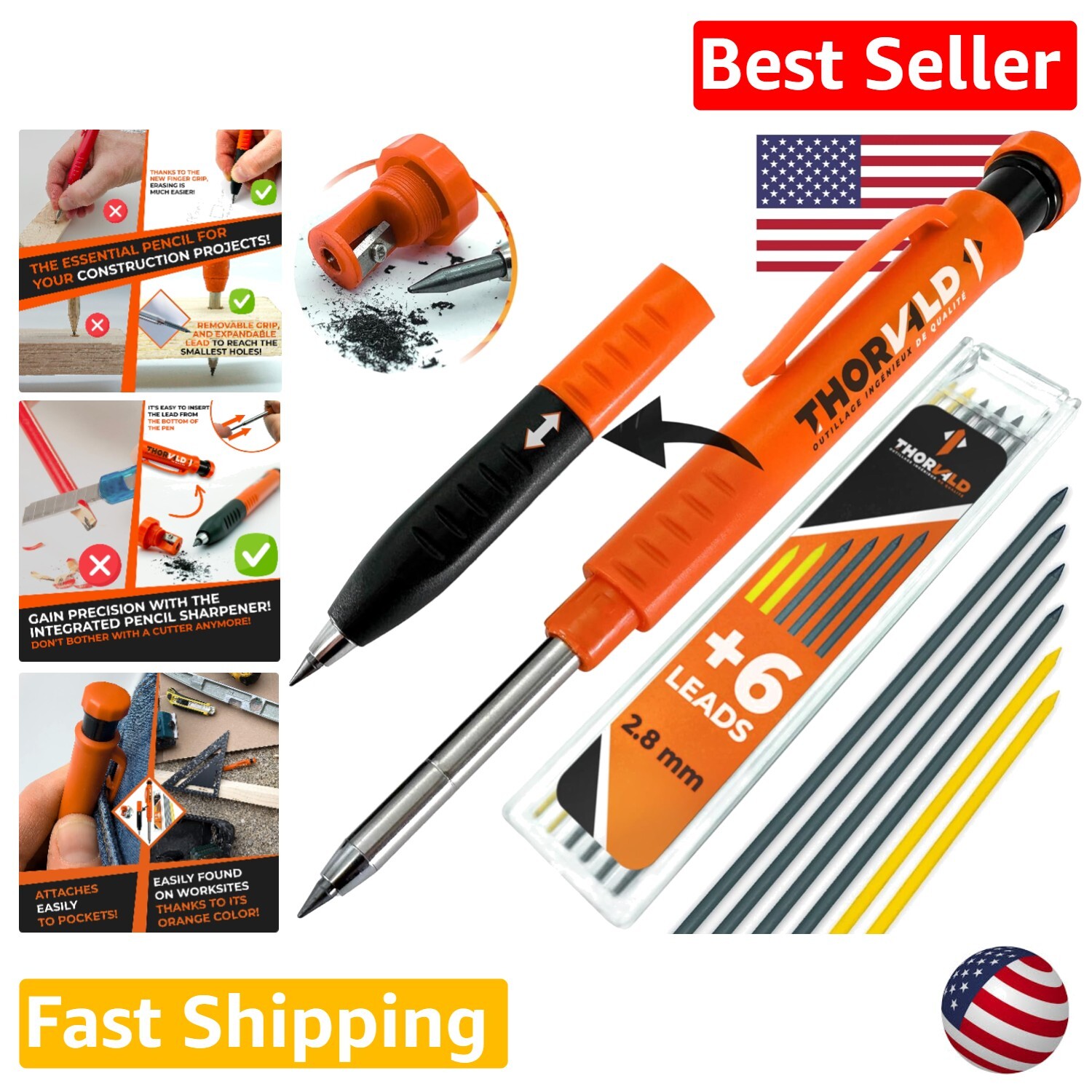 Premium Mechanical Carpenter Pencil with Sharpener and 7 Leads - Orange