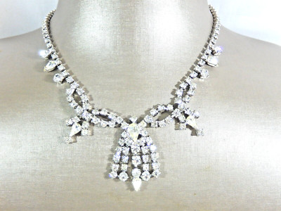 VTG WEISS SIGNED CLEAR PRONG SET RHINESTONE RHODIUM PLATED WATERFALL NECKLACE