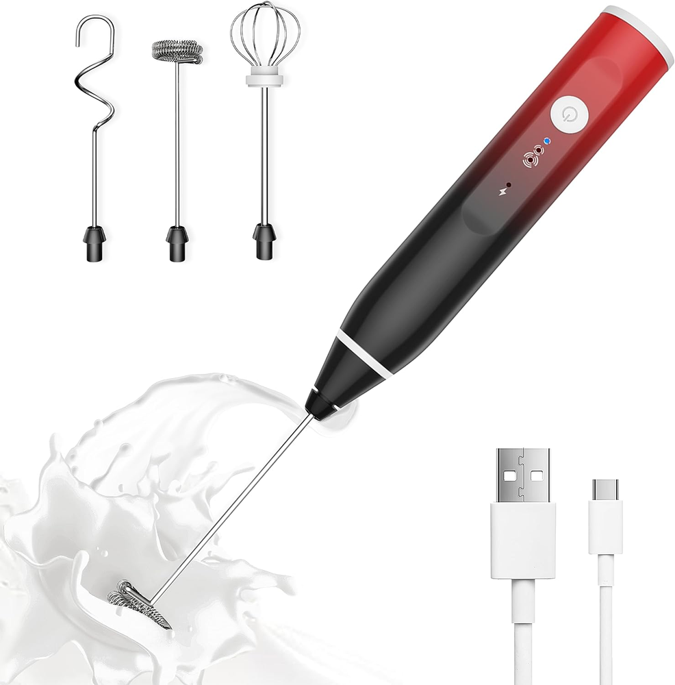 Milk Frother Rechargeable Handheld Electric Whisk Coffee Frother Mixer with 3...