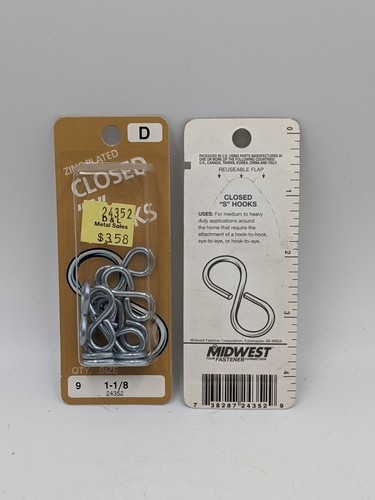 Zinc Plated Closed S Hooks, Midwest Fastener, 1-1/8, 24352, Lot of 18 - Picture 2 of 2