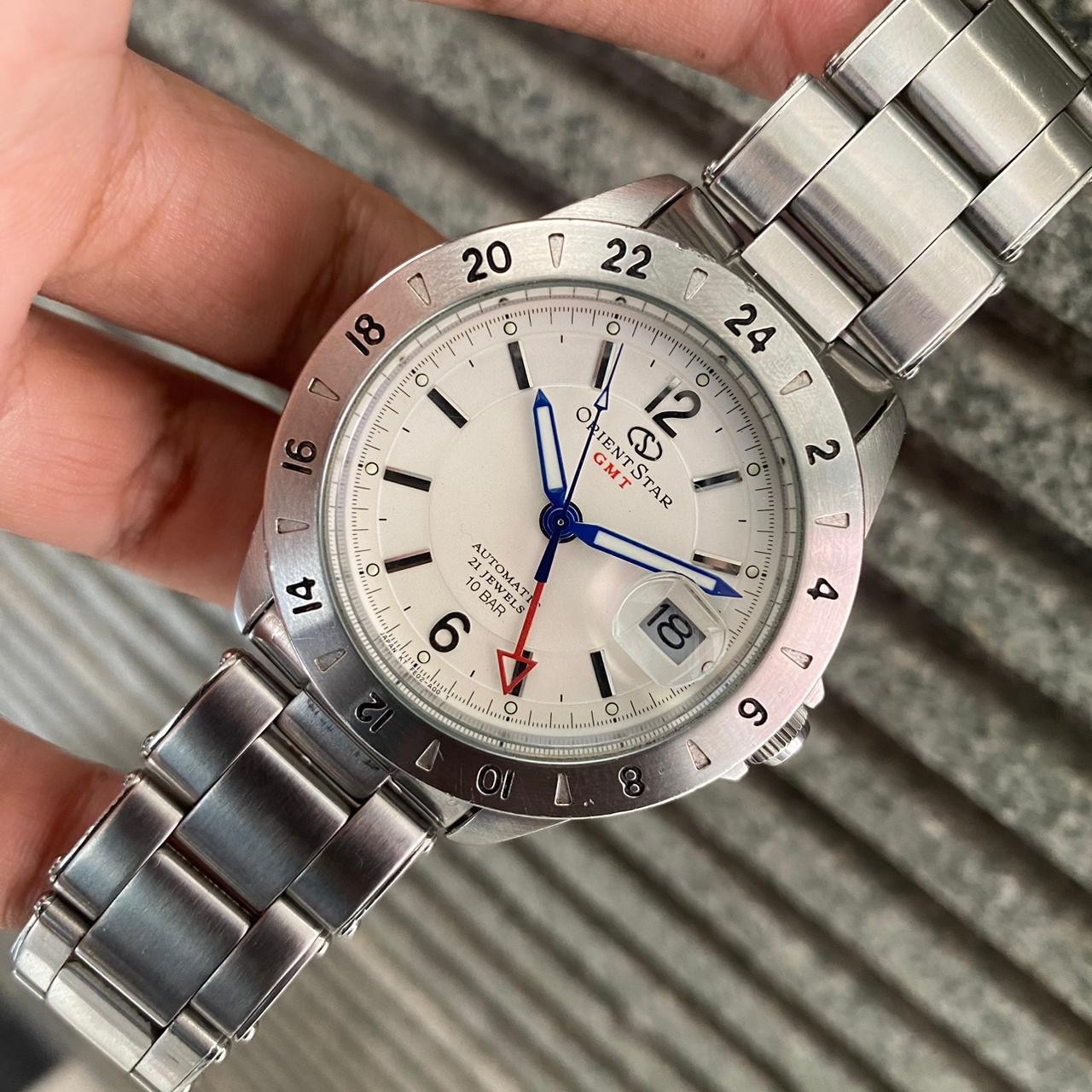 RARE Orient Star GMT Automatic FE02-C0 CA  White Dial  21 Jewels Date Vintage image 4