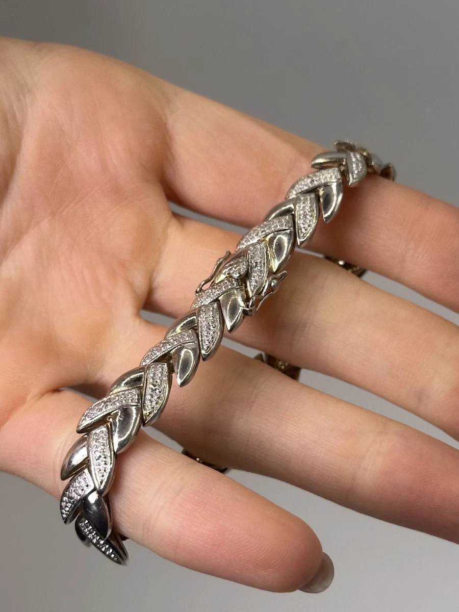 925 Sterlingsilber Diamant Akzent Chevron Welle Gliederarmband 7,5" 21,4 g