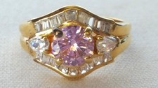 Vintage FAS 925 Sterling Goldtone ICE PINK Clear Rhinestones Ring, Size 8