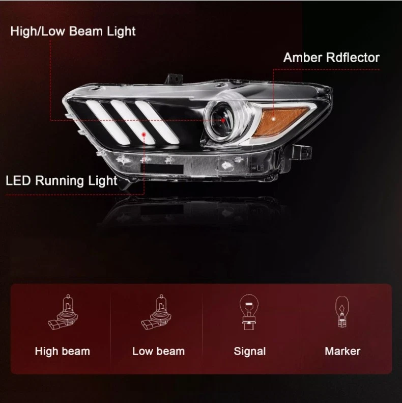 Pair Black Clear LED DRL Headlights for 2015-2017 Ford Mustang Coupe Convertible - Изображение 3 из 4